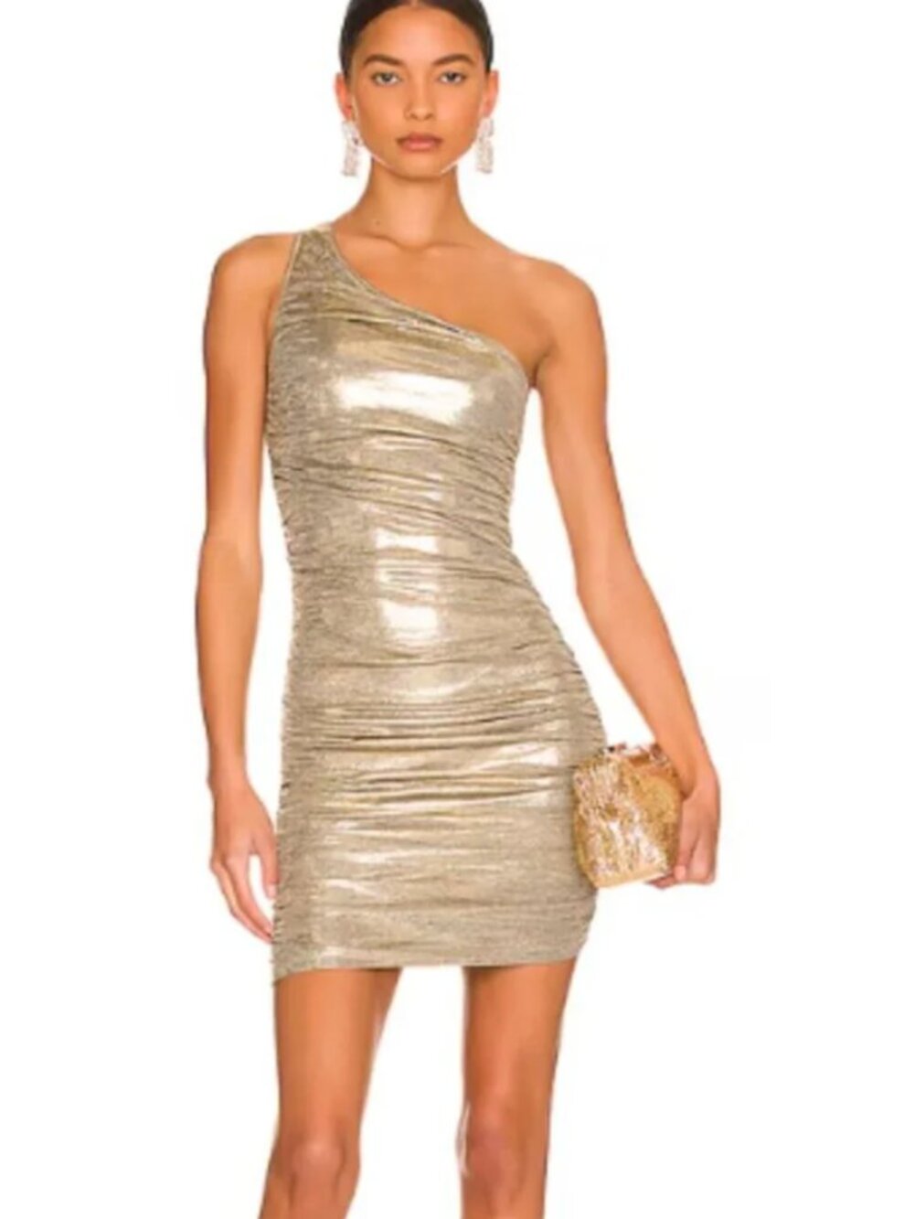 Alice + Olivia Cruz Ruched Mini Dress Gold One Shoulder Stretch Party Size 4